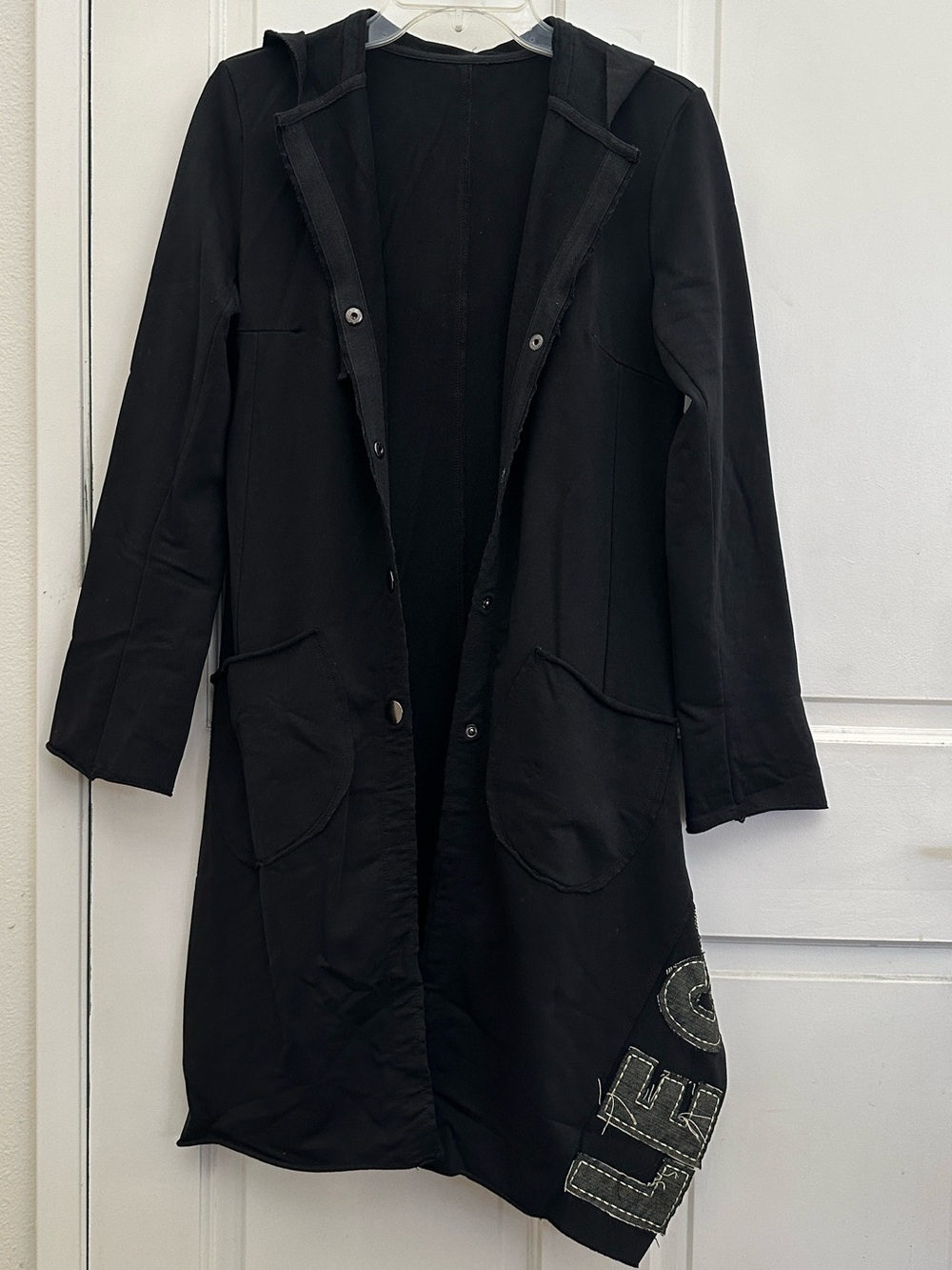 Cop. Copine Black Long Line Hooded Button Cardigan Duster with Patched Logo S/M - Picture 6 of 9